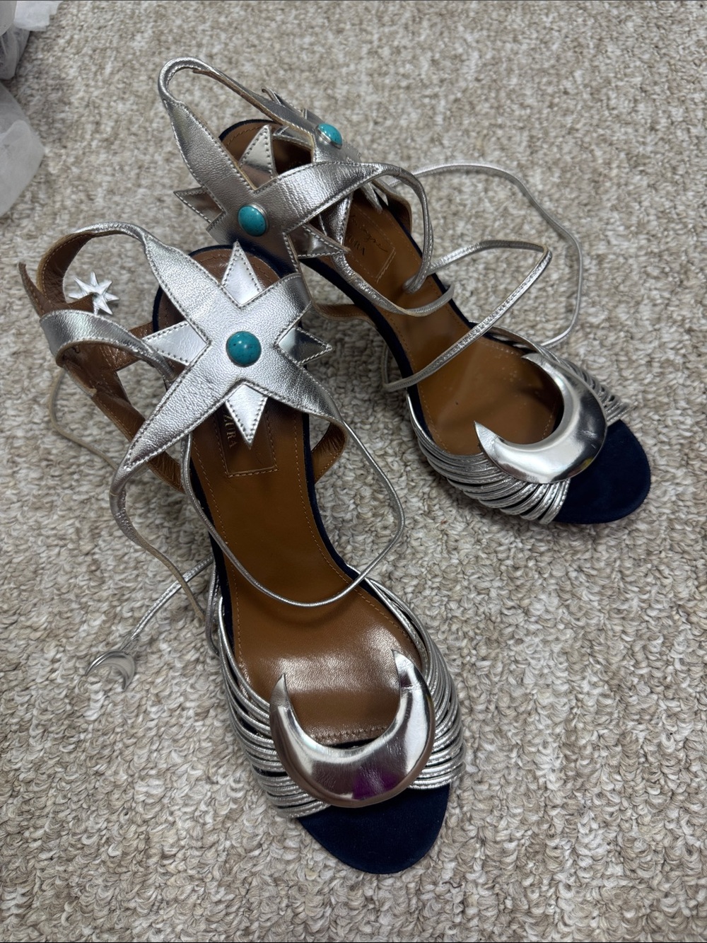 Aquazzura Silver Leather Star & Crescent Lace-Up Sandals with Turquoise Accents